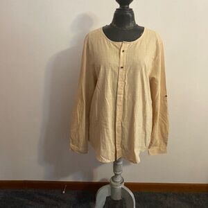 Kuulee tan button down with roll tab sleeves tunic, size L